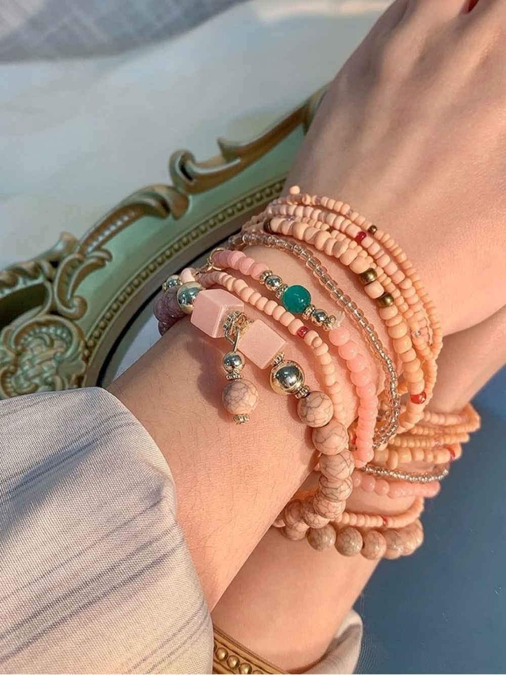 New! Stacked Peach Multi Beaded Bracelet Set (NWT)